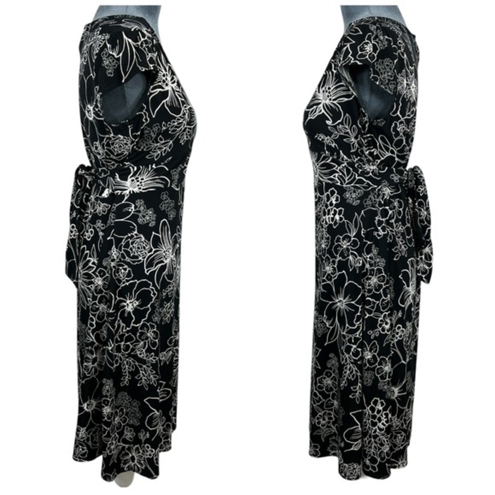 Vintage Y2K Floral Mock Wrap Midi Dress 11/12 Black White Tie Back‎ Empire Waist - Picture 7 of 8
